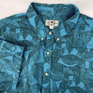 True Grit Seersucker Shirt XXL Blue Green Leaf Print Short Sleeve Cotton Button
